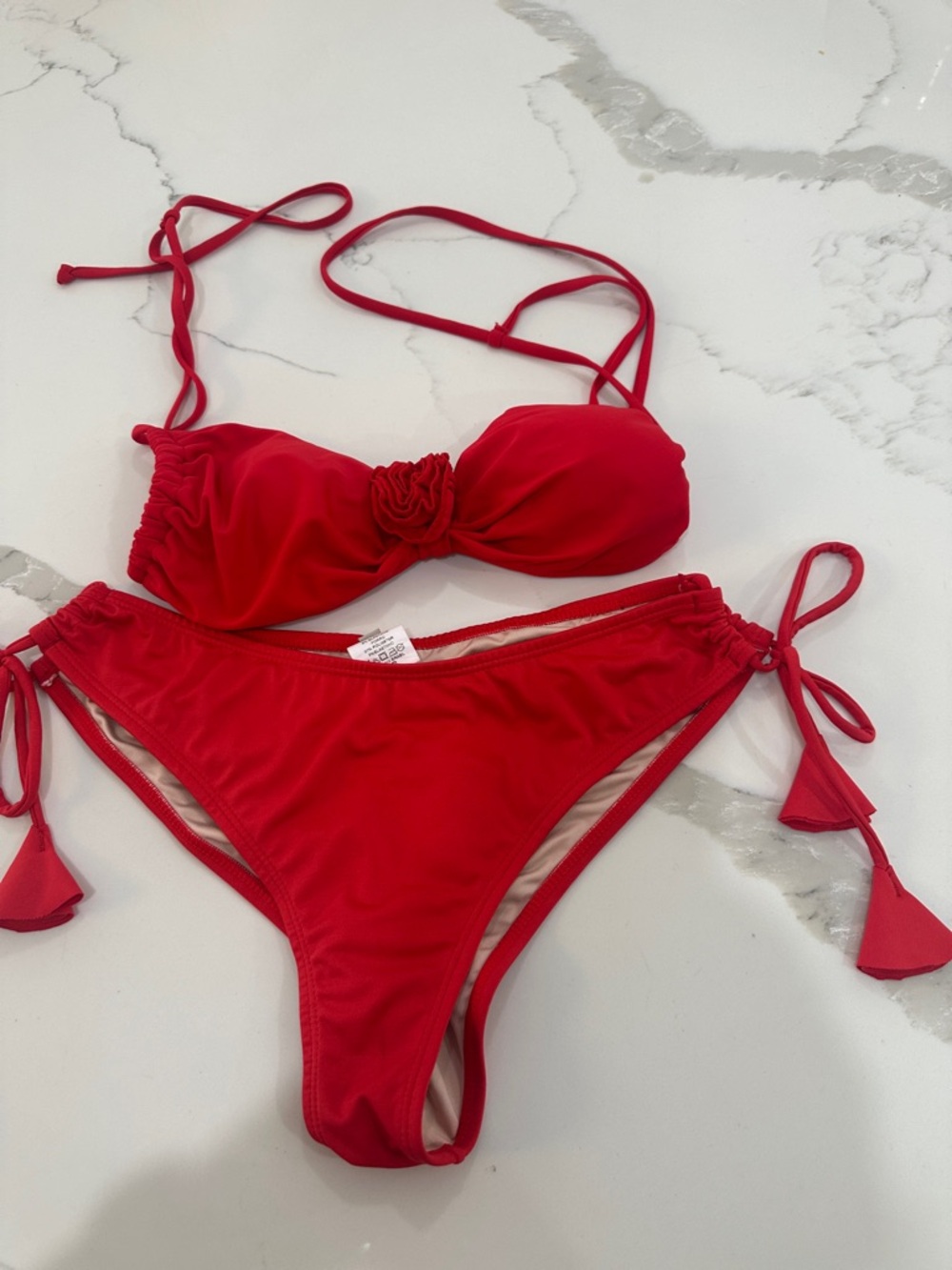 Women's Red Tie-Side Bandeau Bikini Set with Rosette Detail
